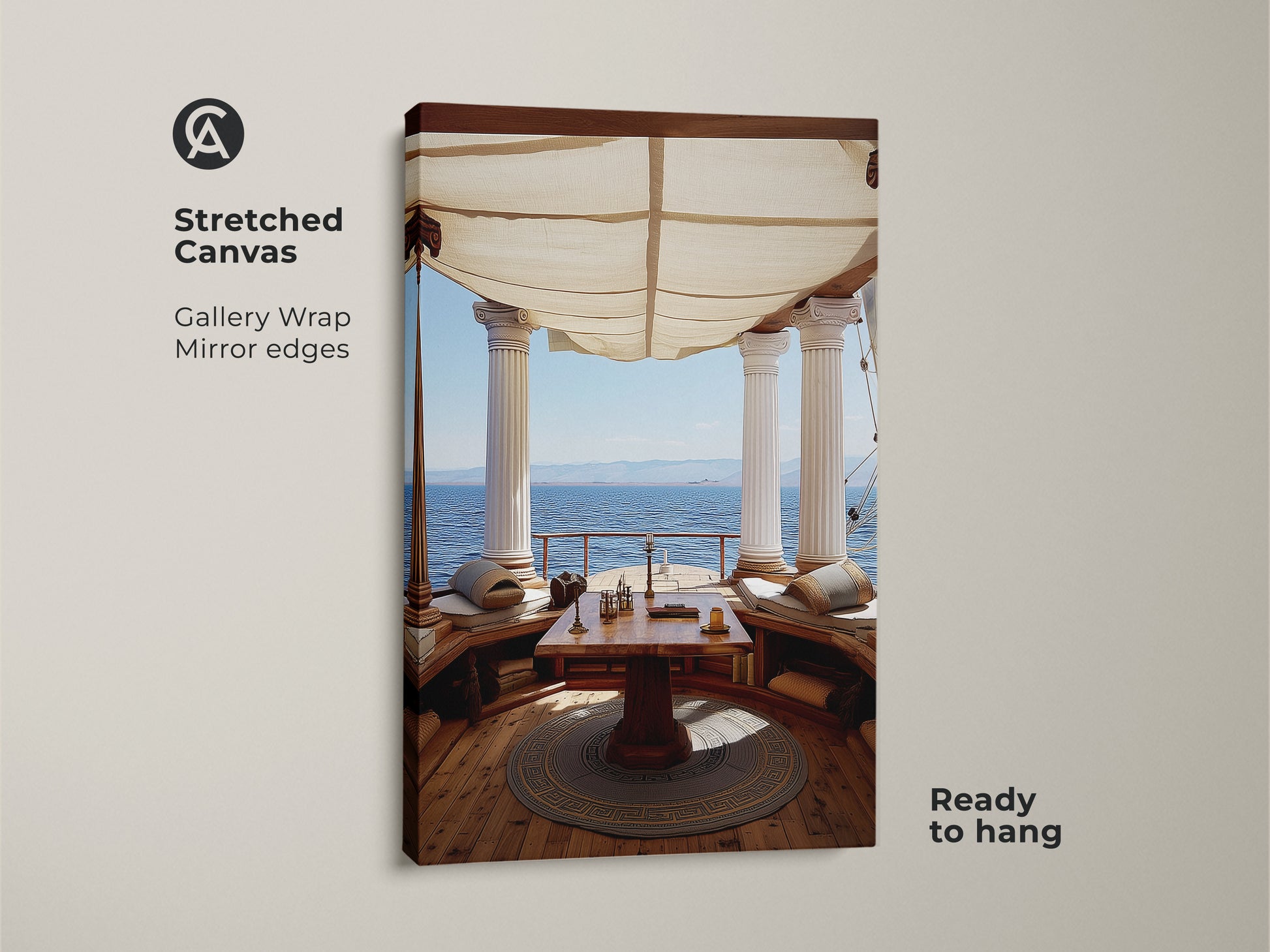 Stretched Canvas Gallery Wrap Mirror edges featuring Classical Columns Art. The Mediterranean Ocean View Wall Art is ready to hang. Tan and Blue Art Decor for Study Room Artwork.