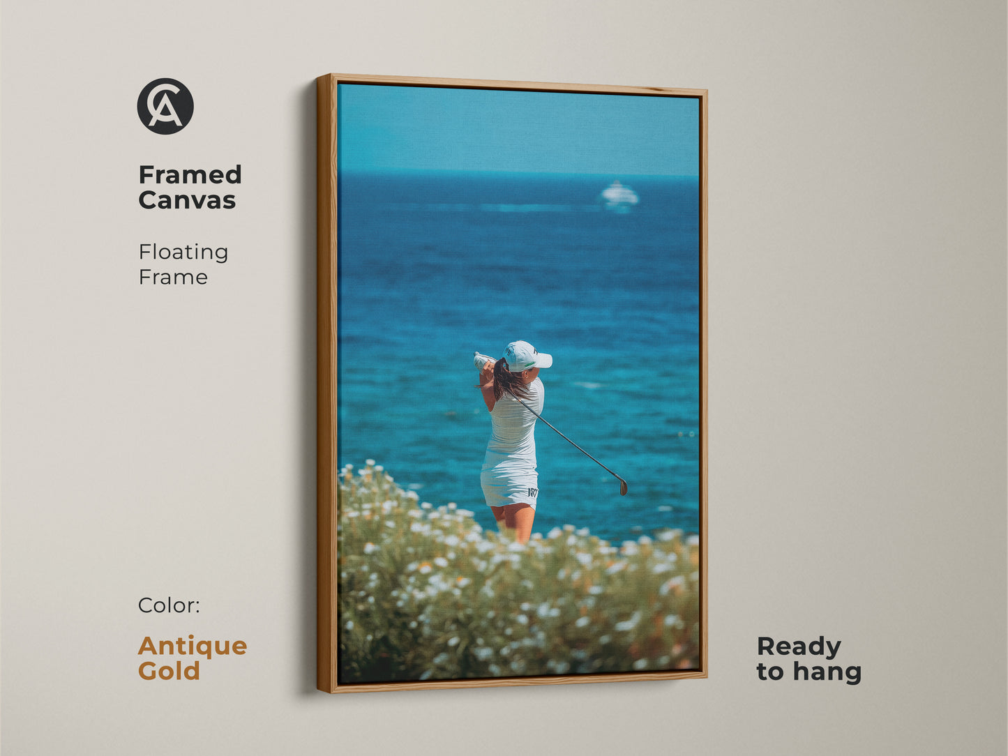 Antique gold framed canvas art of a female golfer. The artwork features a woman swinging her golf club with a scenic ocean view. Ready to hang the antique gold frame adds a touch of vintage elegance to your space.