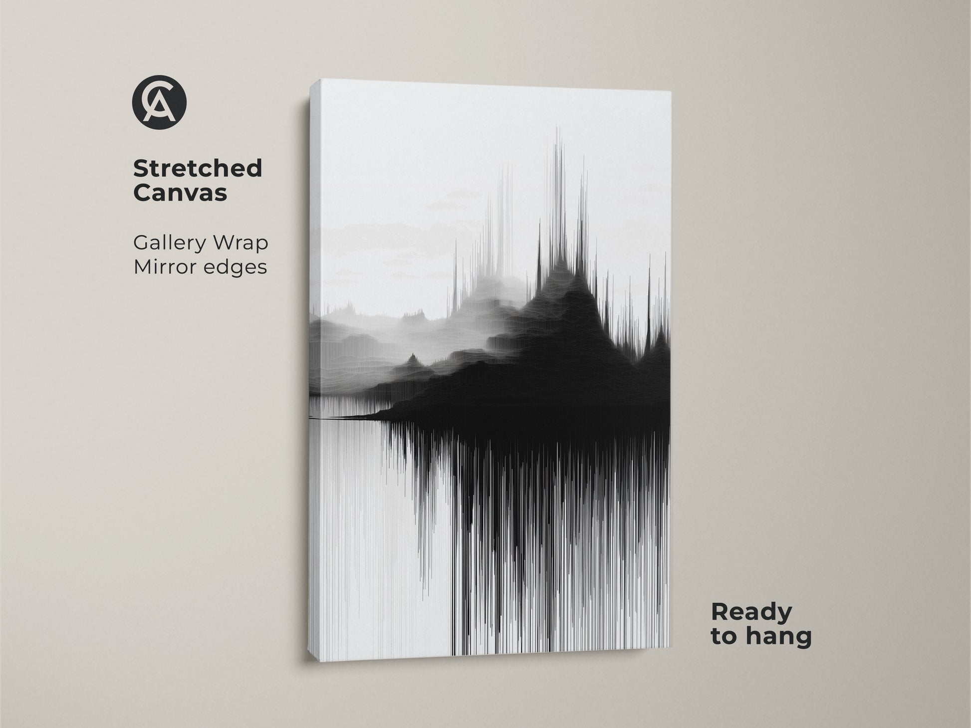 Abstract soundwave mountain art print on stretched canvas. Modern black and white wall decor is ready to hang with gallery wrapped mirror edges. This contemporary landscape canvas enhances any living space. Its minimalist aesthetic blends effortlessly with existing artwork.