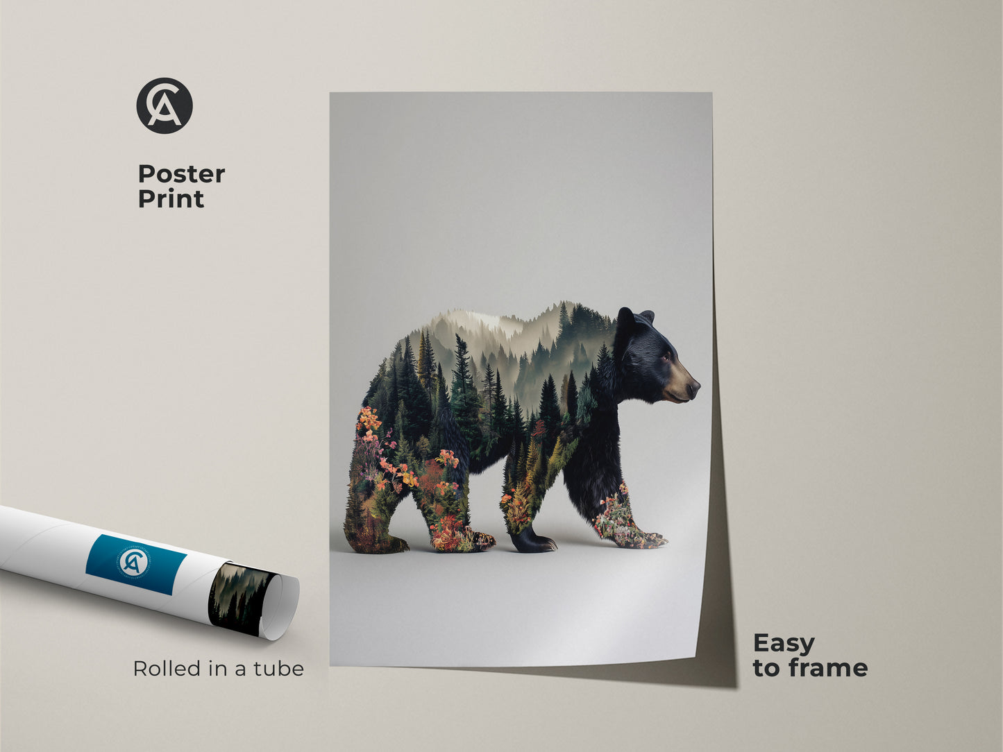 A poster print featuring a bear double exposure. The forest landscape canvas print showcases rustic modern animal art. This nature lovers gift idea is easy to frame. The earthy tones wall decor brings the outdoors in. Rolled in a tube for protection.
