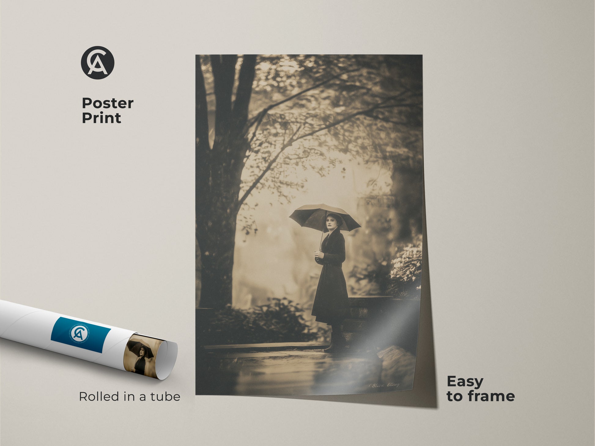 Poster print art of a woman with an umbrella. The artwork is rolled in a tube for easy framing. This monochrome print adds classic charm to your decor. Get this museum-quality paper print for your wall.