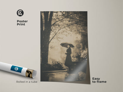 Poster print art of a woman with an umbrella. The artwork is rolled in a tube for easy framing. This monochrome print adds classic charm to your decor. Get this museum-quality paper print for your wall.