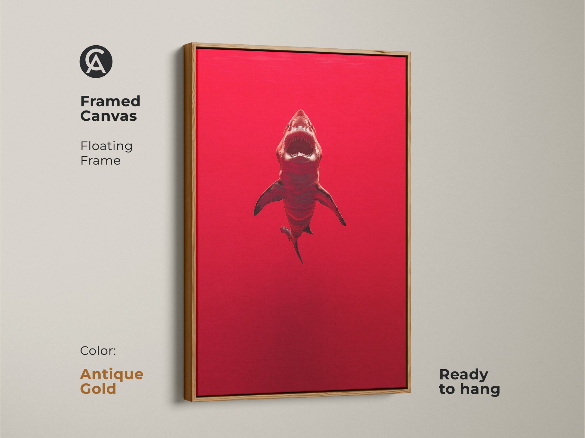 Framed canvas of a crimson shark with an antique gold floating frame. This ocean predator artwork is ready to hang. The contemporary artwork features a powerful animal wall art for the office. A unique birthday gift for shark enthusiasts. This minimalist shark print adds drama to any space.