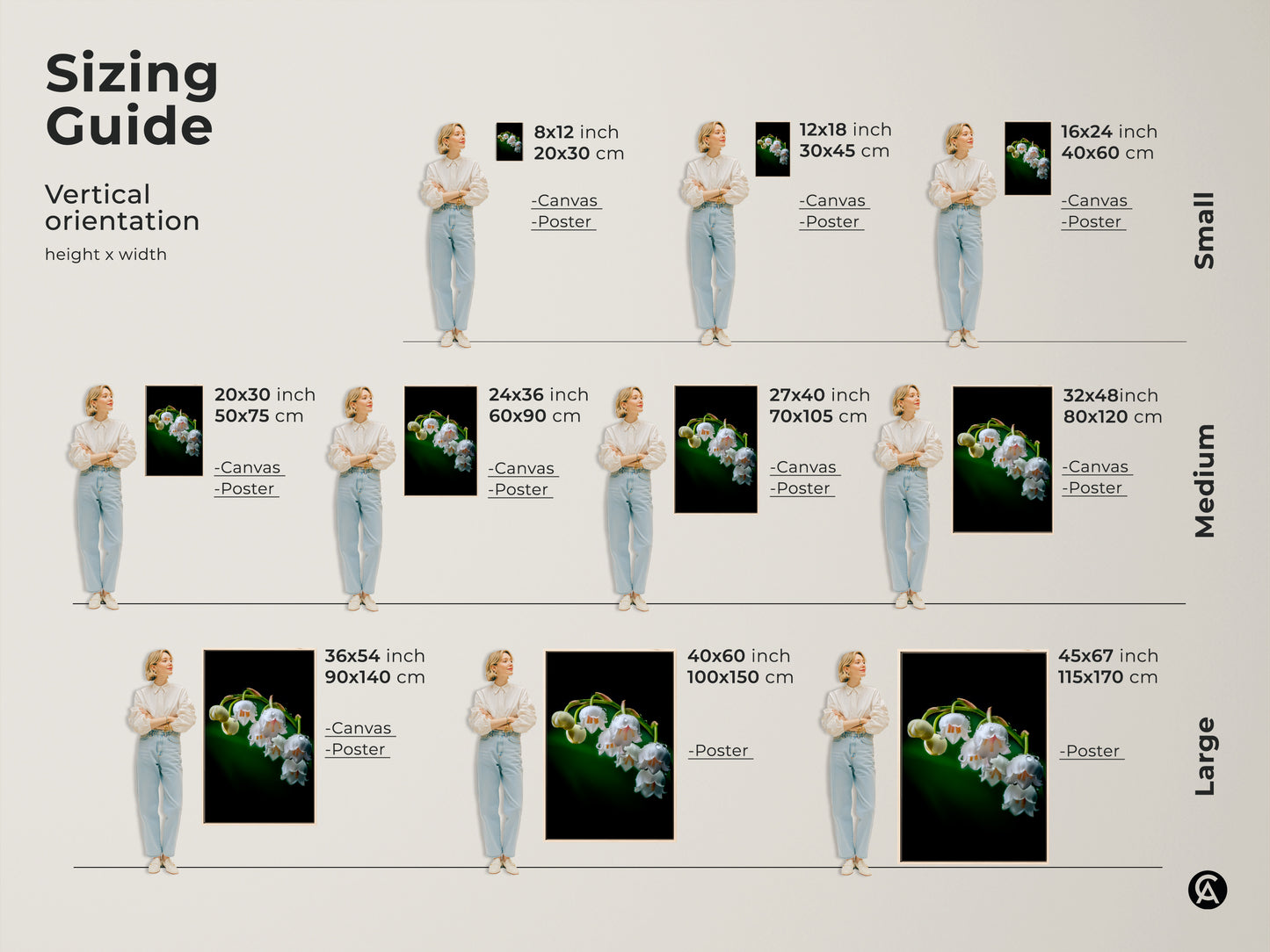 Sizing guide for Lily of the Valley art prints in vertical orientation. Visualize small medium and large sizes for canvas and poster options. Find the perfect fit for your wall decor with this botanical macro photography print.