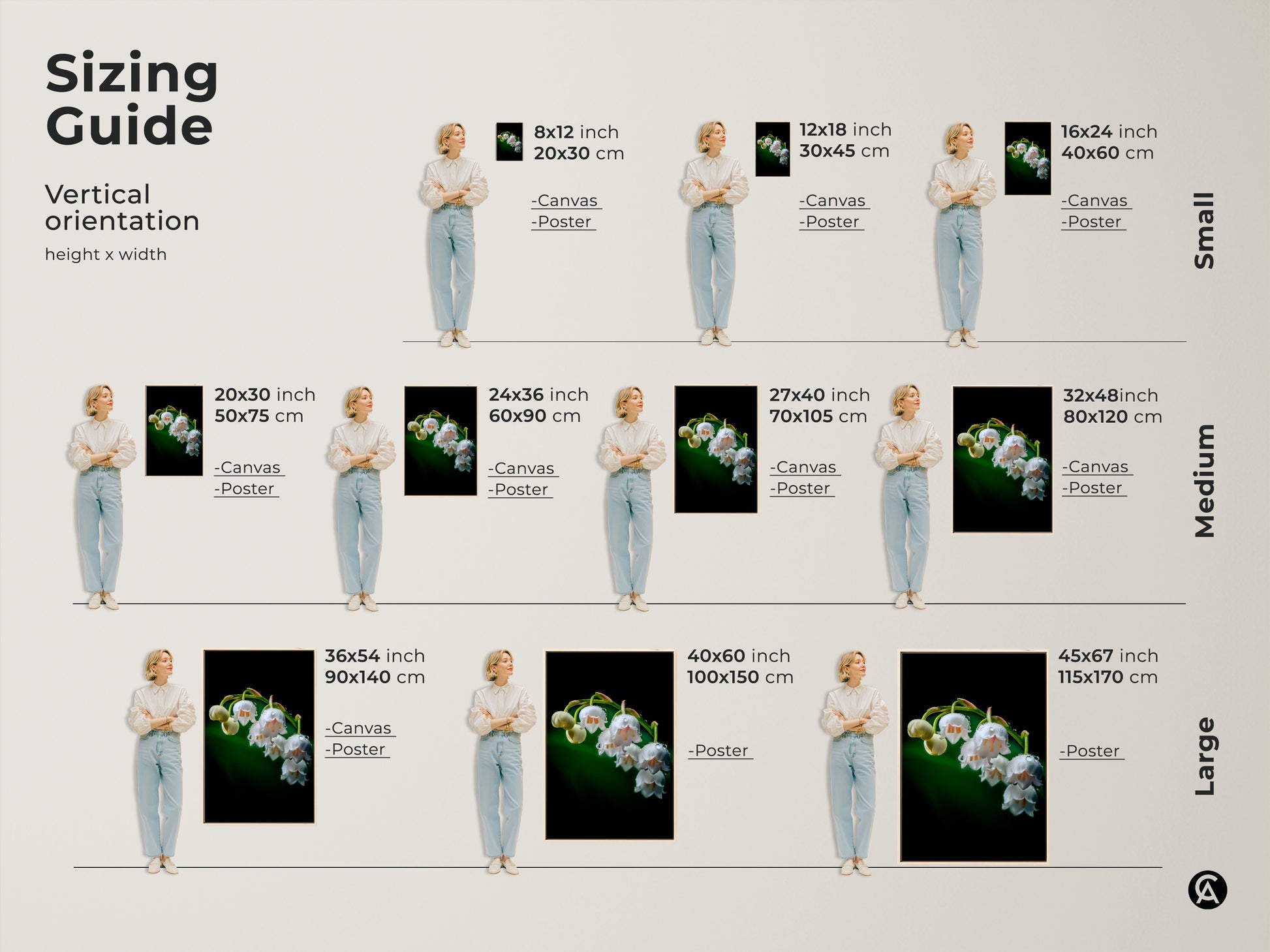 Sizing guide for Lily of the Valley art prints in vertical orientation. Visualize small medium and large sizes for canvas and poster options. Find the perfect fit for your wall decor with this botanical macro photography print.