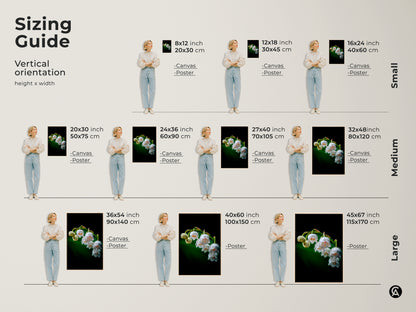 Sizing guide for Lily of the Valley art prints in vertical orientation. Visualize small medium and large sizes for canvas and poster options. Find the perfect fit for your wall decor with this botanical macro photography print.