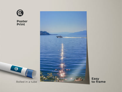 Poster print of a boat on blue water. Easy to frame sparkling ocean canvas art. Realistic lake landscape for any room. Coastal bedroom wall decor for boat lovers. Summer water scene art adds a nautical touch. Modern boat artwork on a calm water canvas. A deep blue ocean print.