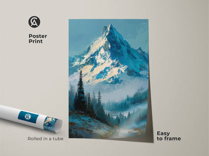 Poster print featuring a snow-capped mountain and forest scenery. Rolled in a tube and easy to frame. Ideal for nature lovers. This poster adds a touch of the outdoors to your home decor. Discover high-quality mountain art prints to enhance your space.