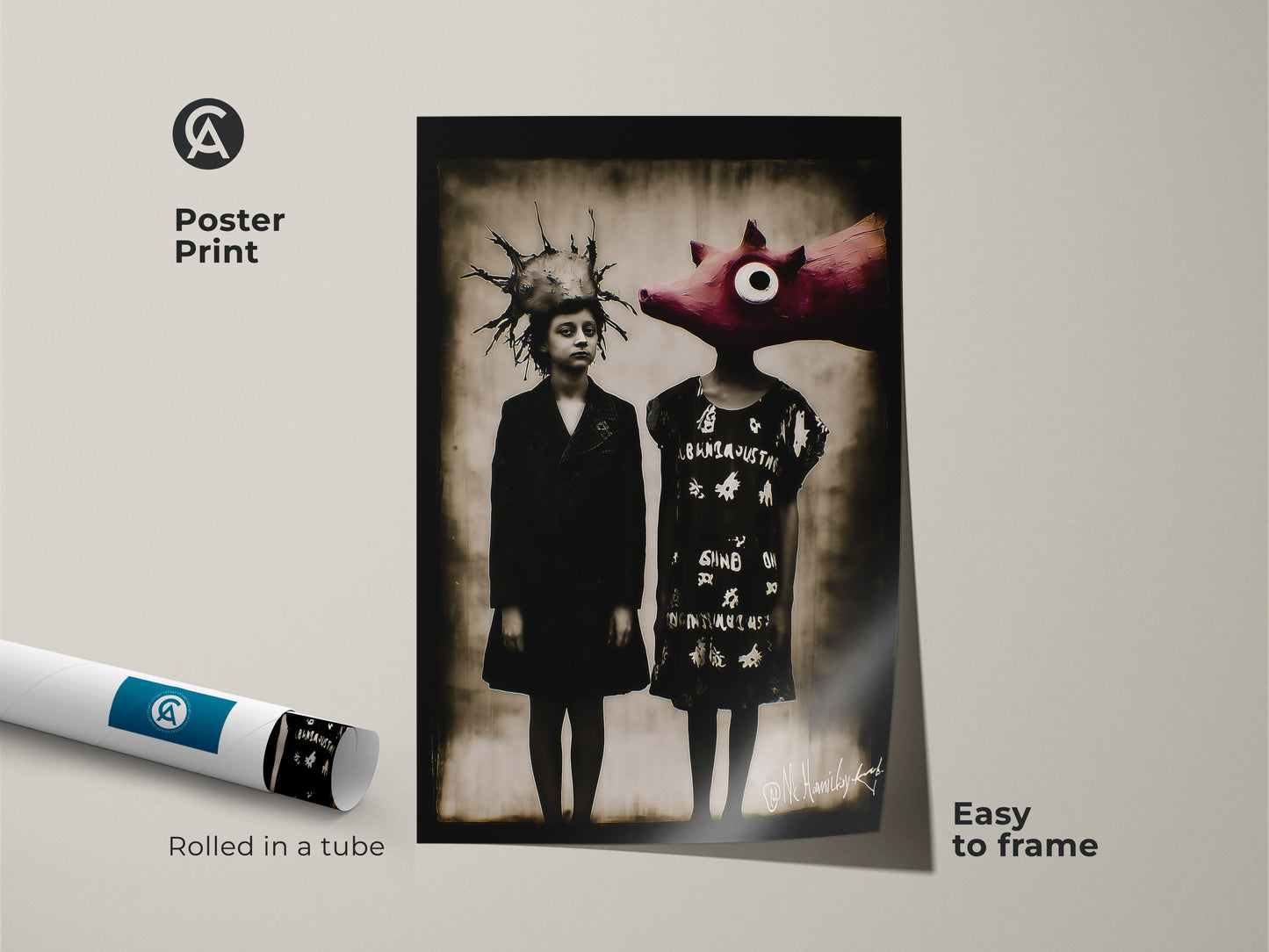 Framed canvas in black showcasing a surreal child pig art print. This dark academia artwork is ready to hang. The floating frame enhances the eclectic home decor style. Ideal as a study room wall art piece or an office artwork gift. The black frame adds a touch of sophistication.