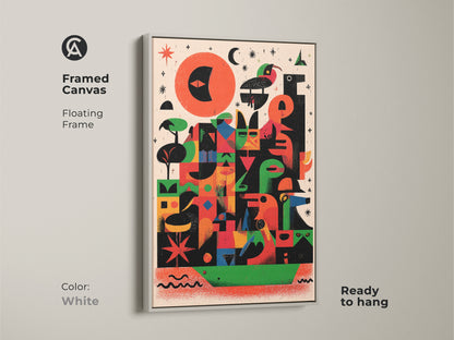 Framed canvas featuring vibrant abstract geometric bird artwork in a white floating frame. This mid-century modern folk art print brings an eclectic touch with red orange and green tones. Ready to hang this figurative animal artwork is perfect as wall decor for a housewarming gift.