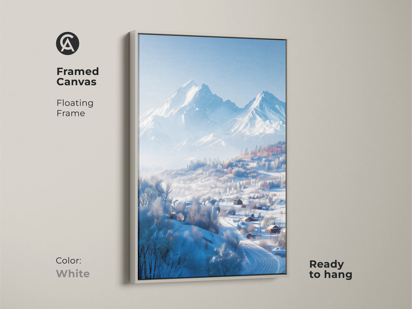 A framed canvas print with a serene winter mountain scene. A white floating frame borders the artwork. The art print shows snow-covered houses in a valley. This ready-to-hang print adds a touch of nature.