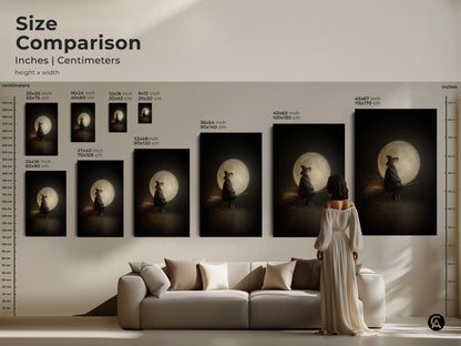 Size comparison of witch on broomstick artwork prints in inches and centimeters. Gothic moon wall art displayed above a sofa. Visualize the impact of various sizes in your home. Perfect for Halloween decor or gifts for witchy friends. Black and gold eclectic art.