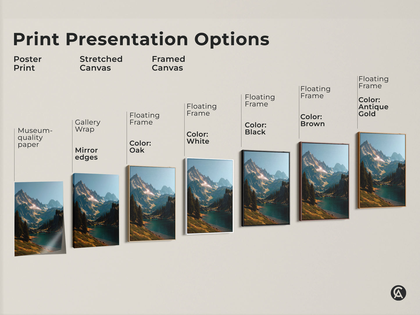 Explore various print presentation options. Choose from poster prints stretched canvas and framed canvas. Select a frame color to match your style. Oak white black brown or antique gold frames are available. Find the perfect mountain landscape art for your space.