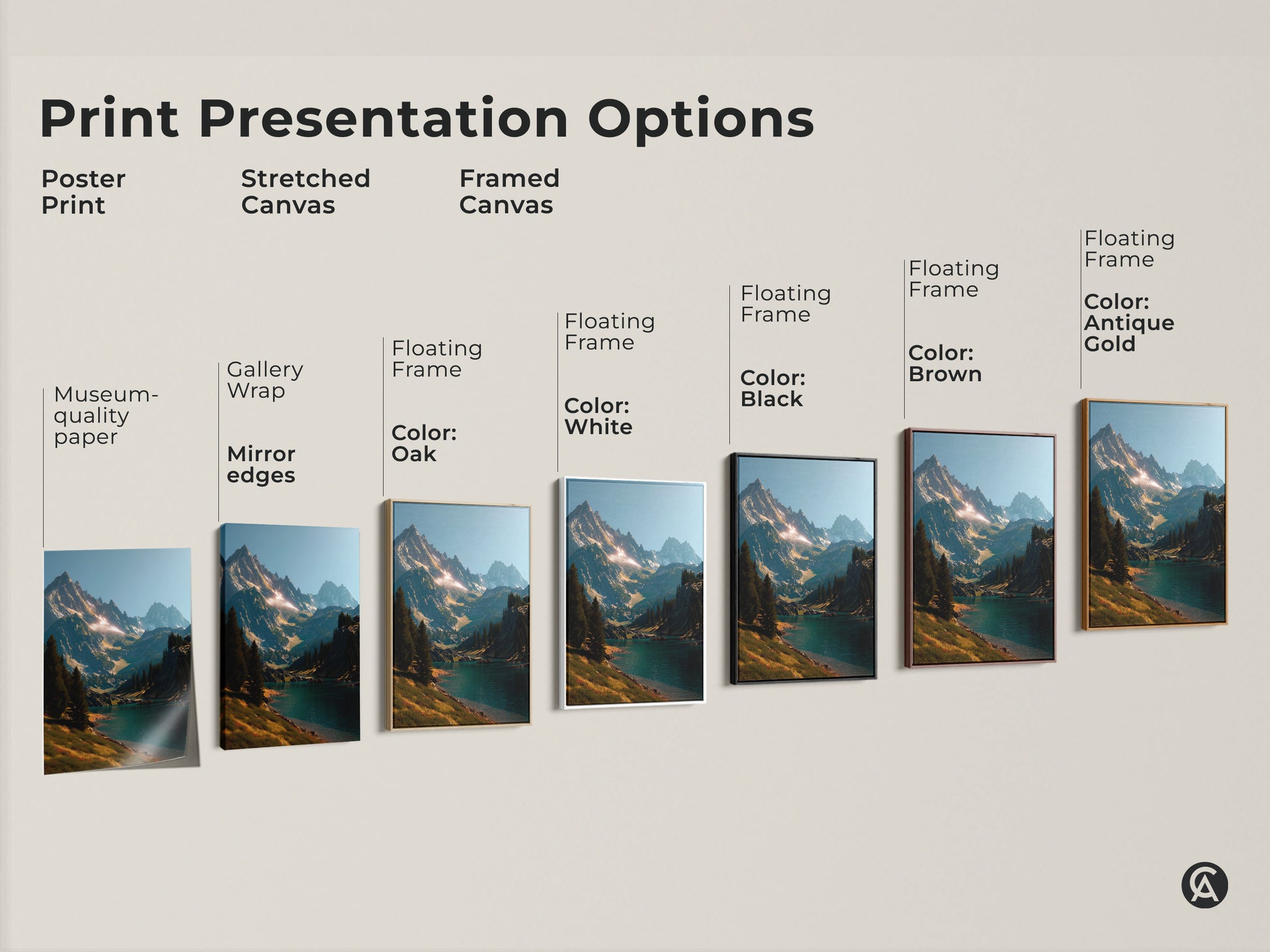 Explore various print presentation options. Choose from poster prints stretched canvas and framed canvas. Select a frame color to match your style. Oak white black brown or antique gold frames are available. Find the perfect mountain landscape art for your space.