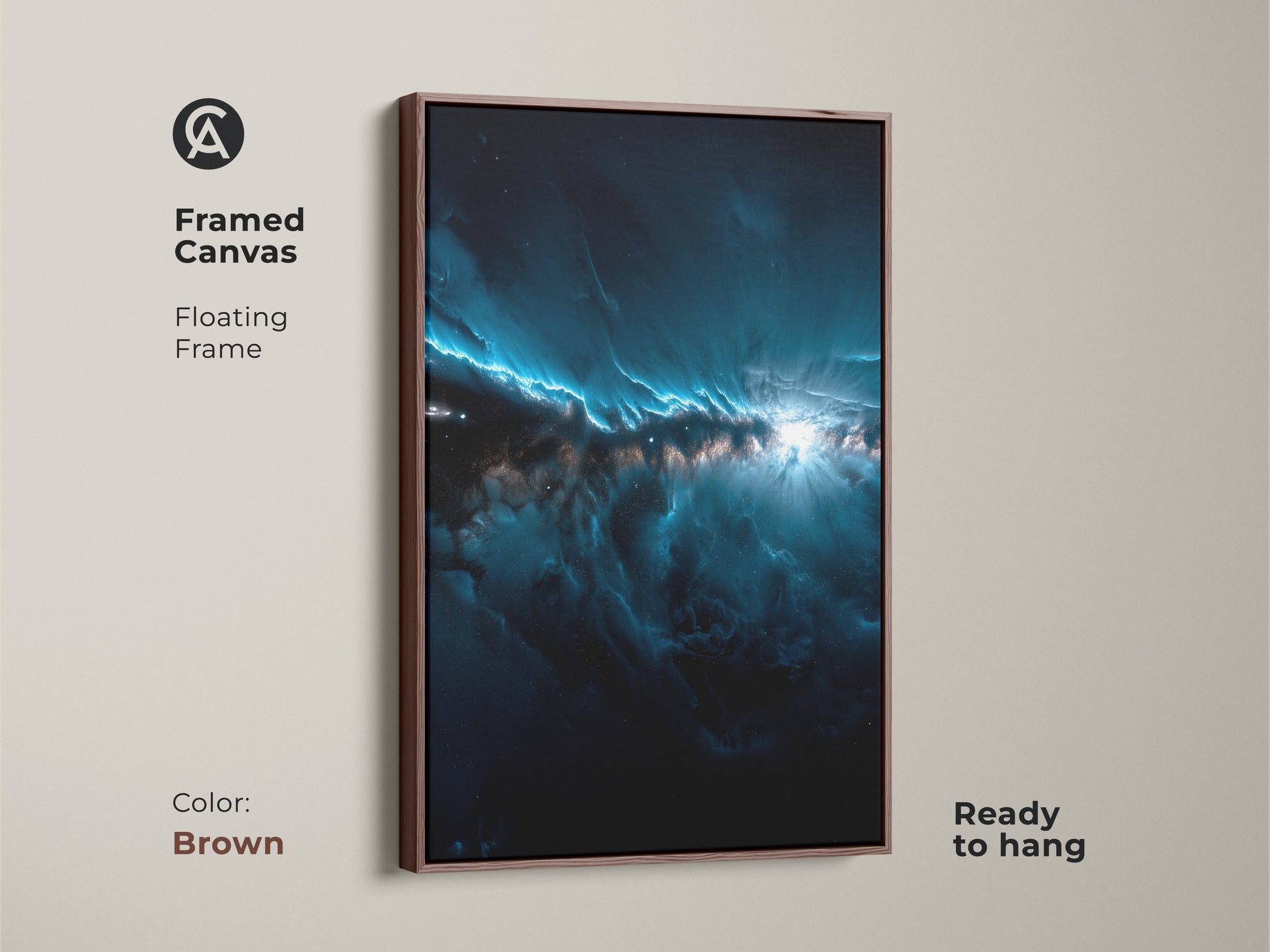 This is a framed canvas nebula artwork. The art features shades of dark blue and white. The frame is a warm brown color. This framed art is ready to hang. It features a floating frame. Purchase this framed artwork today