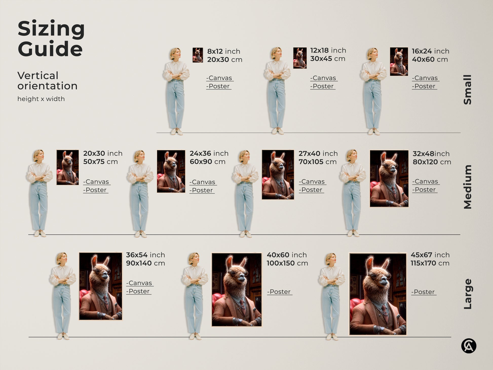 Sizing guide for llama gentleman wall art. Displays vertical orientation options for canvas and poster prints. Includes sizes from small to large. Find the ideal fit for your eclectic office or home decor.