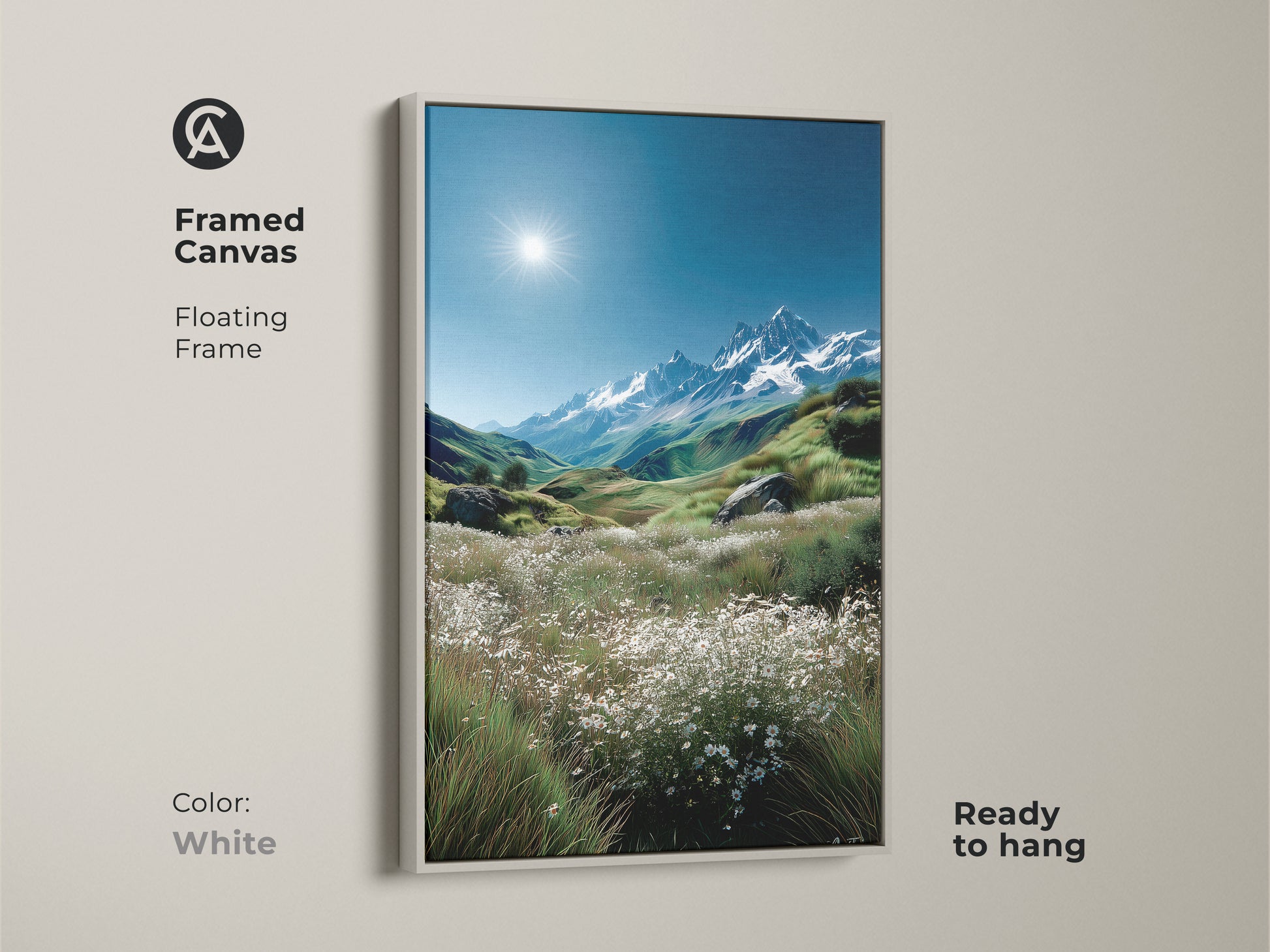 Transform your home with this framed mountain landscape artwork. The white floating frame offers a clean modern look. Ready to hang and enjoy. This framed canvas showcases a stunning mountain view. Perfect for adding a touch of nature to your decor.