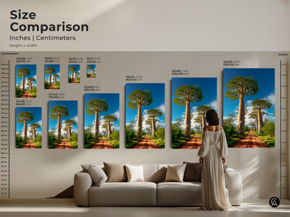 Size comparison of boho Baobab tree African landscape prints in inches and centimeters. This nature artwork features a dirt road leading to Baobab trees under a blue sky. Perfect as residential wall art decor. Find your ideal boho landscape canvas.