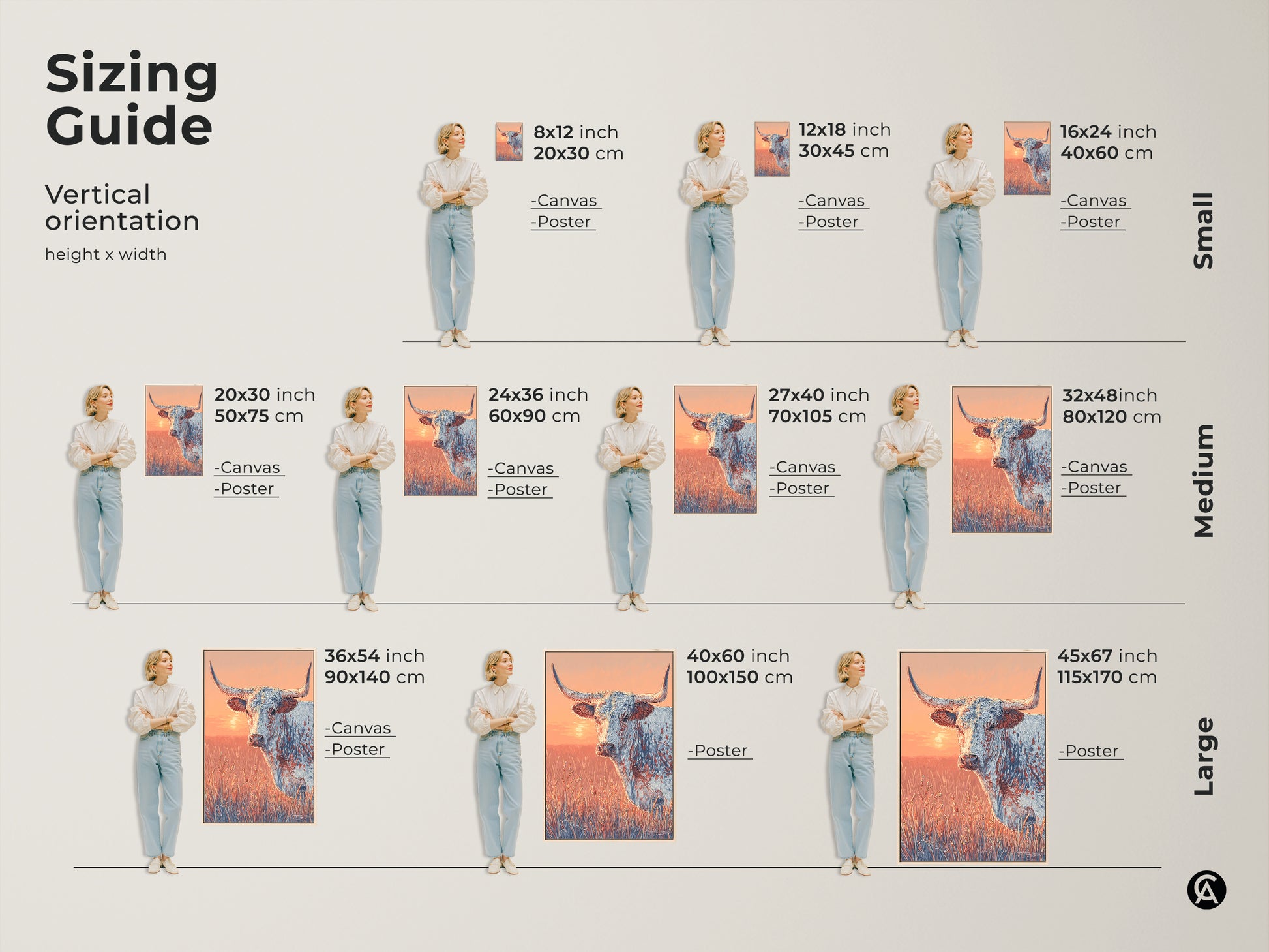 Sizing guide for vertical longhorn artwork. Available in small medium and large sizes. Options include canvas and poster prints. Find the perfect size for your space. A great piece for western art collectors.