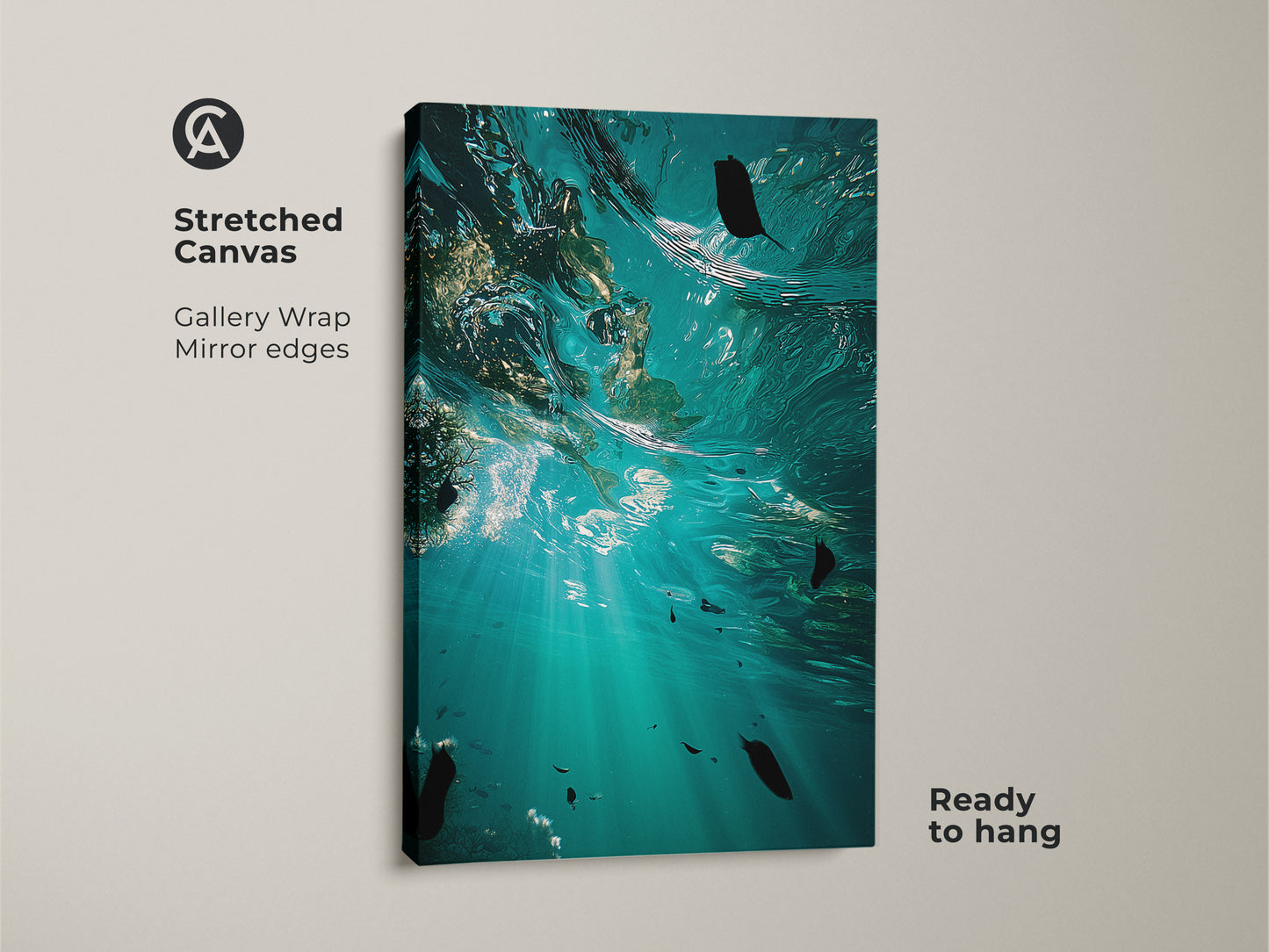 Stretched canvas print featuring underwater ocean art with gallery wrap and mirror edges. Teal and aqua colors bring marine life artwork to your walls. It's ready to hang coastal wall decor adding a touch of the tropics.