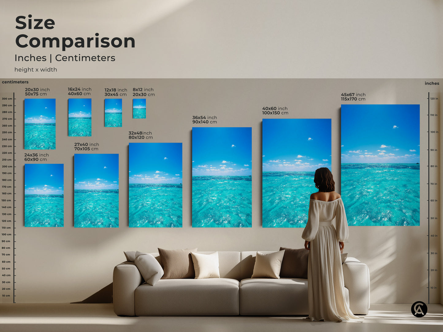 Size comparison of the turquoise ocean artwork in various dimensions. The artwork is displayed above a couch to show scale. Available in multiple sizes from small to extra large. Ideal for adding a coastal touch to your living room.