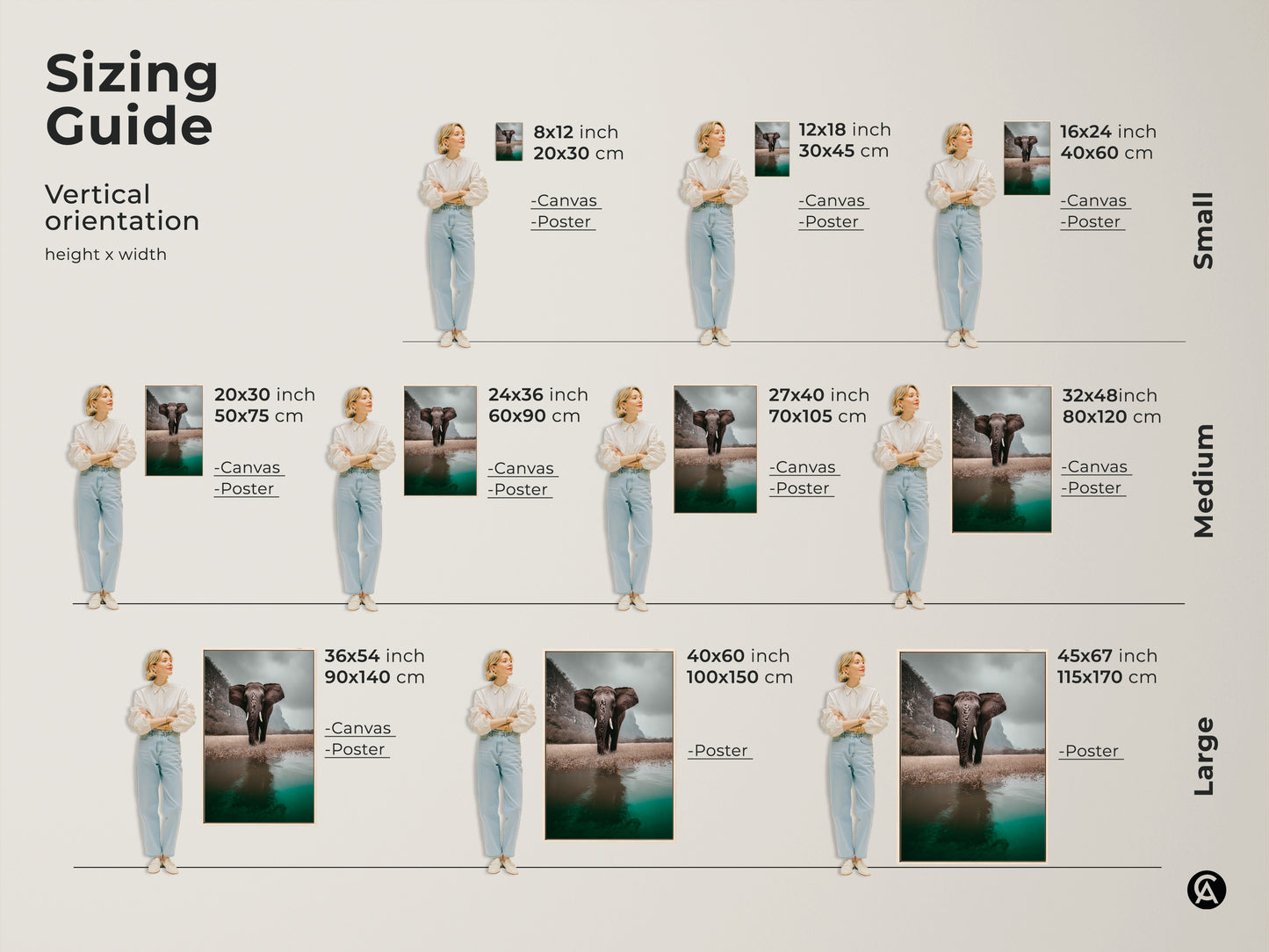 Sizing guide for elephant canvas art and poster prints. Vertical orientation options for small medium and large sizes. The wildlife landscape print features a photorealistic animal in its savanna habitat. Ideal for eclectic home decor and a thoughtful gift for animal lovers. Perfect for adding natural grandeur to any room.