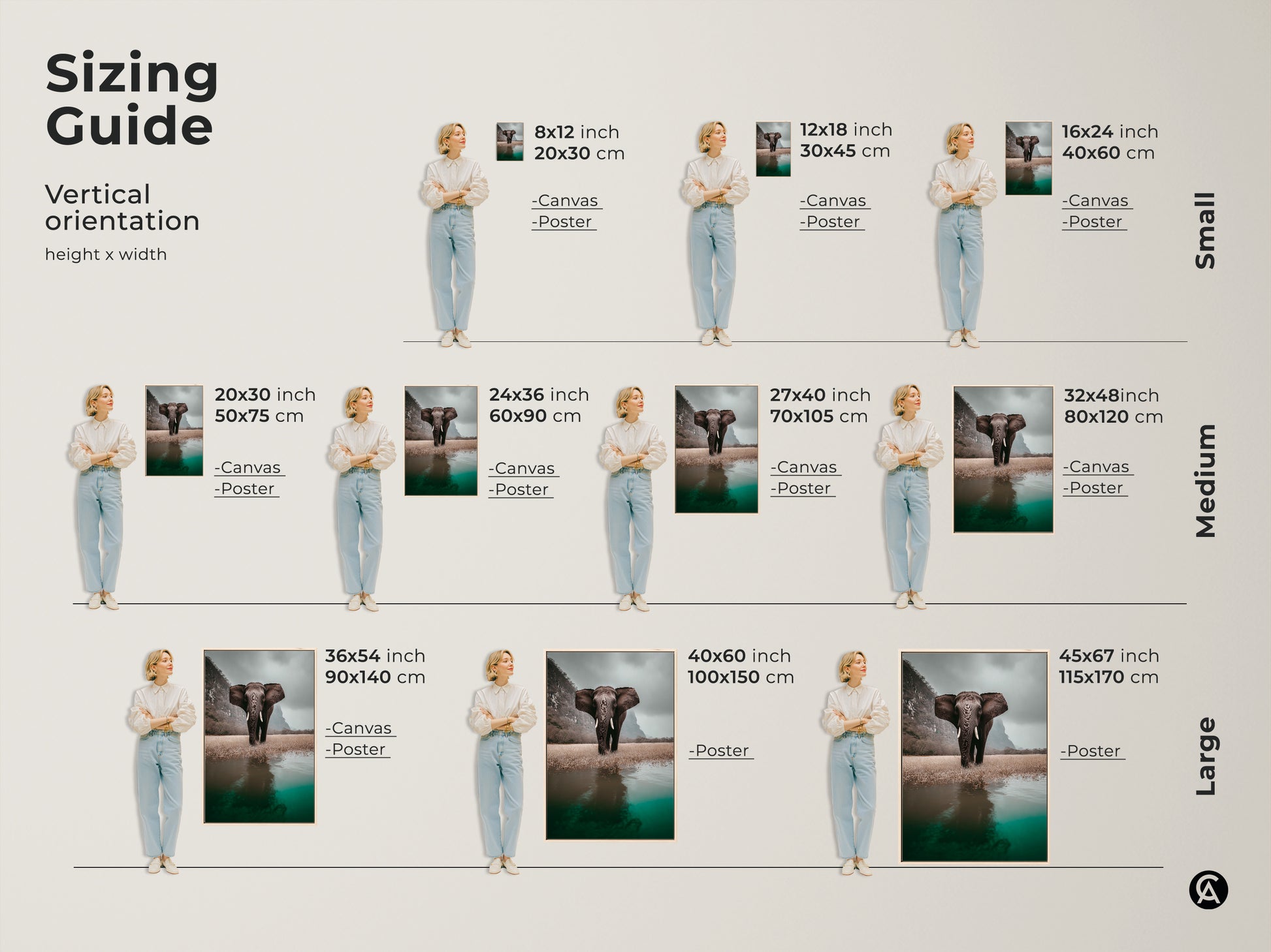 Sizing guide for elephant canvas art and poster prints. Vertical orientation options for small medium and large sizes. The wildlife landscape print features a photorealistic animal in its savanna habitat. Ideal for eclectic home decor and a thoughtful gift for animal lovers. Perfect for adding natural grandeur to any room.