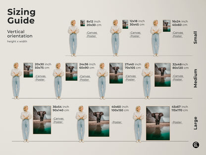Sizing guide for elephant canvas art and poster prints. Vertical orientation options for small medium and large sizes. The wildlife landscape print features a photorealistic animal in its savanna habitat. Ideal for eclectic home decor and a thoughtful gift for animal lovers. Perfect for adding natural grandeur to any room.