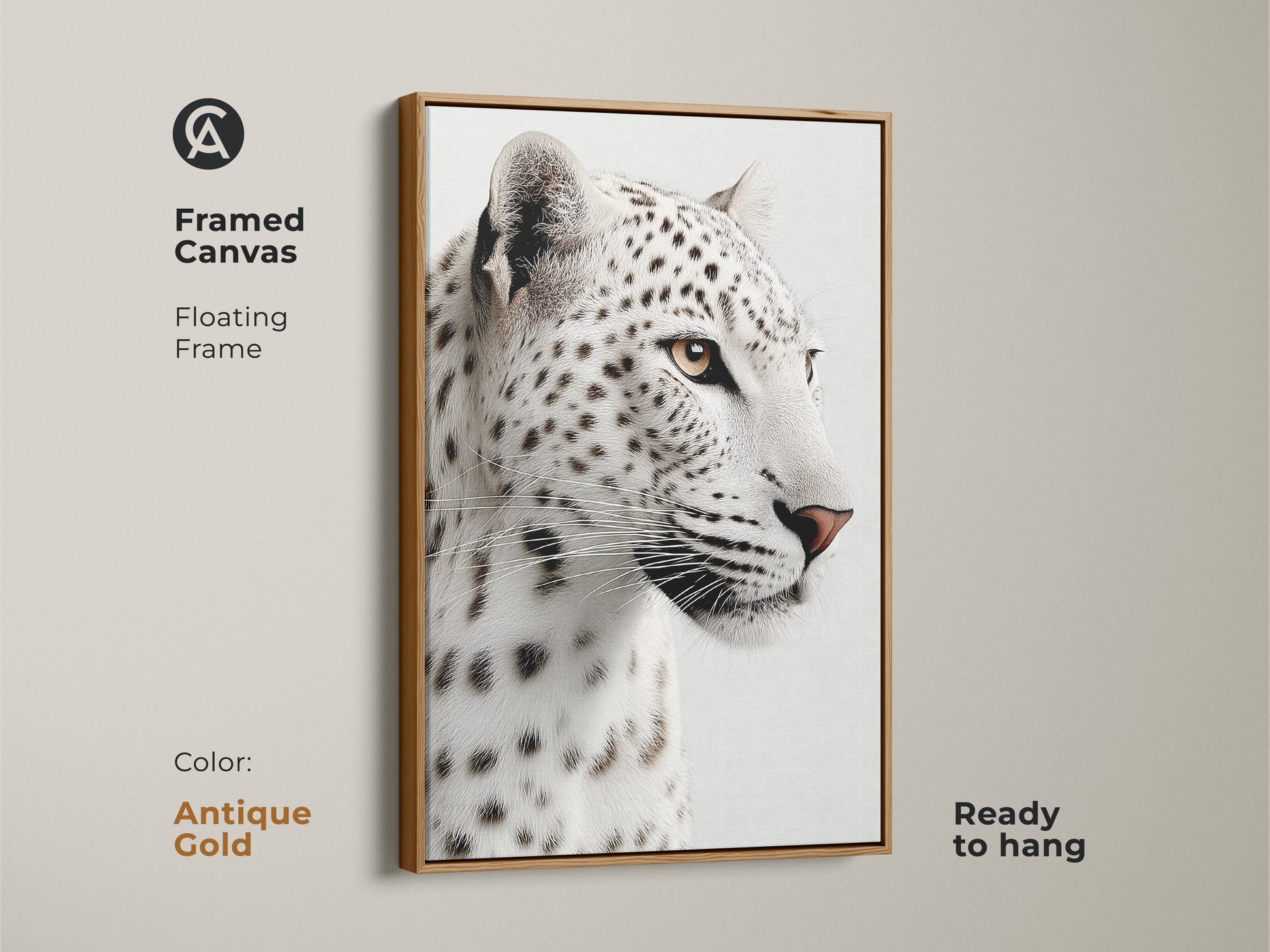 A framed canvas in antique gold features a snow leopard face in black and white. This ready to hang wildlife artwork enhances modern homes. Ideal gift for wildlife enthusiasts and animal art collectors.