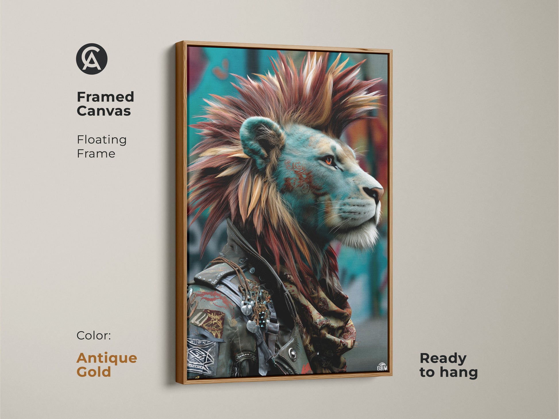 Framed Canvas featuring punk rock lion art. This Mohawk King wall art is in a floating antique gold frame and ready to hang. Red and teal animal poster creates a unique bedroom art piece or edgy home interior. Perfect eclectic man cave decor.