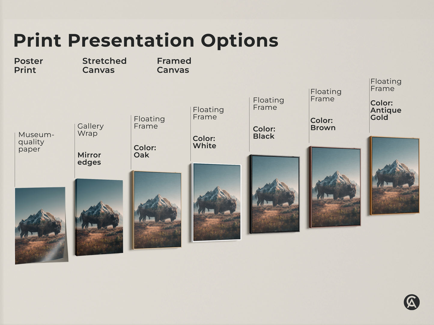 Explore print presentation options. See poster prints stretched canvas and framed canvas. Choose from various frame colors including oak white black brown and antique gold. Find the perfect style for your bison and mountain artwork.