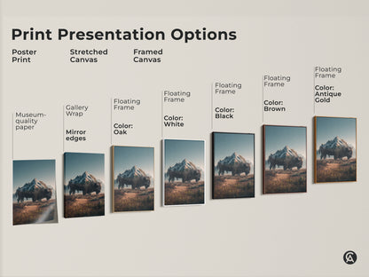 Explore print presentation options. See poster prints stretched canvas and framed canvas. Choose from various frame colors including oak white black brown and antique gold. Find the perfect style for your bison and mountain artwork.