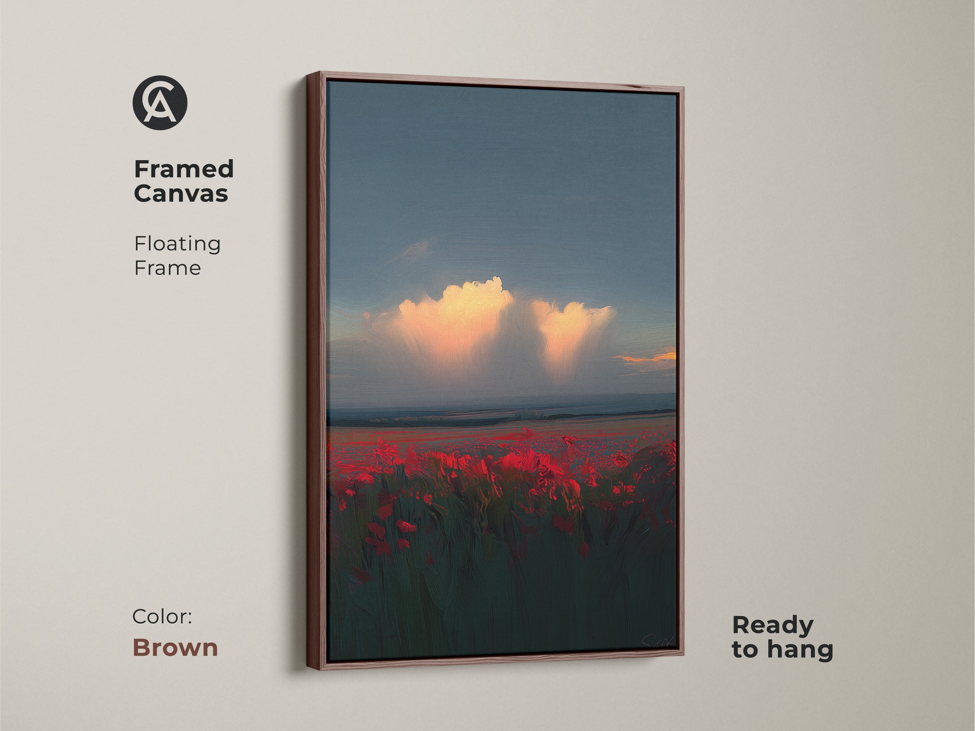 Crimson Poppy Field Framed Canvas. This nature artwork features a brown floating frame. The teal orange floral artwork is ready to hang. A vibrant and stylish piece for your living room.
