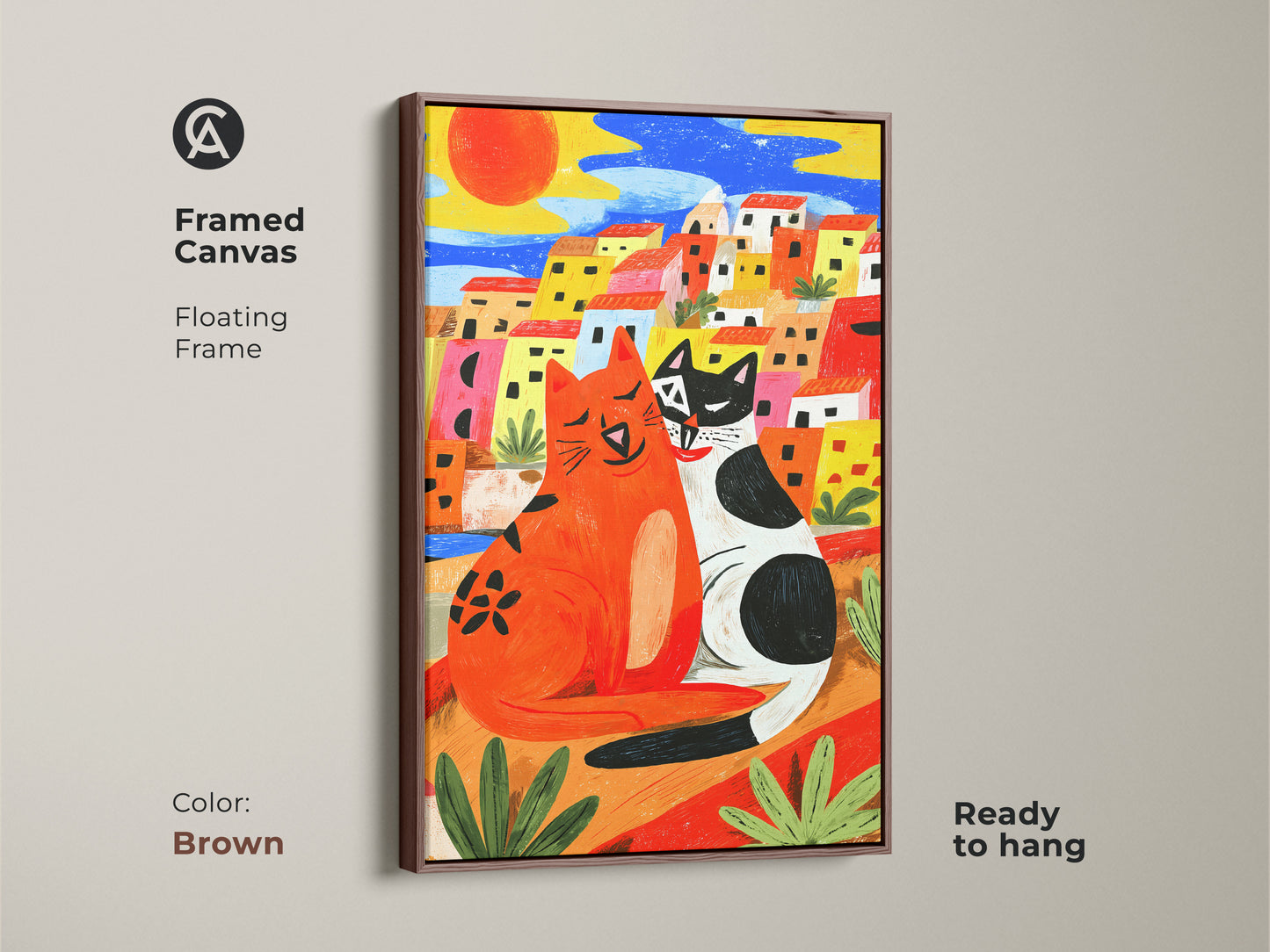 Framed canvas print showcasing two cats in a sunny Mediterranean village. The boho artwork has a floating frame in brown. Its vibrant orange blue and yellow tones bring warmth to any space. Ideal for cat themed wall art. Ready to hang.