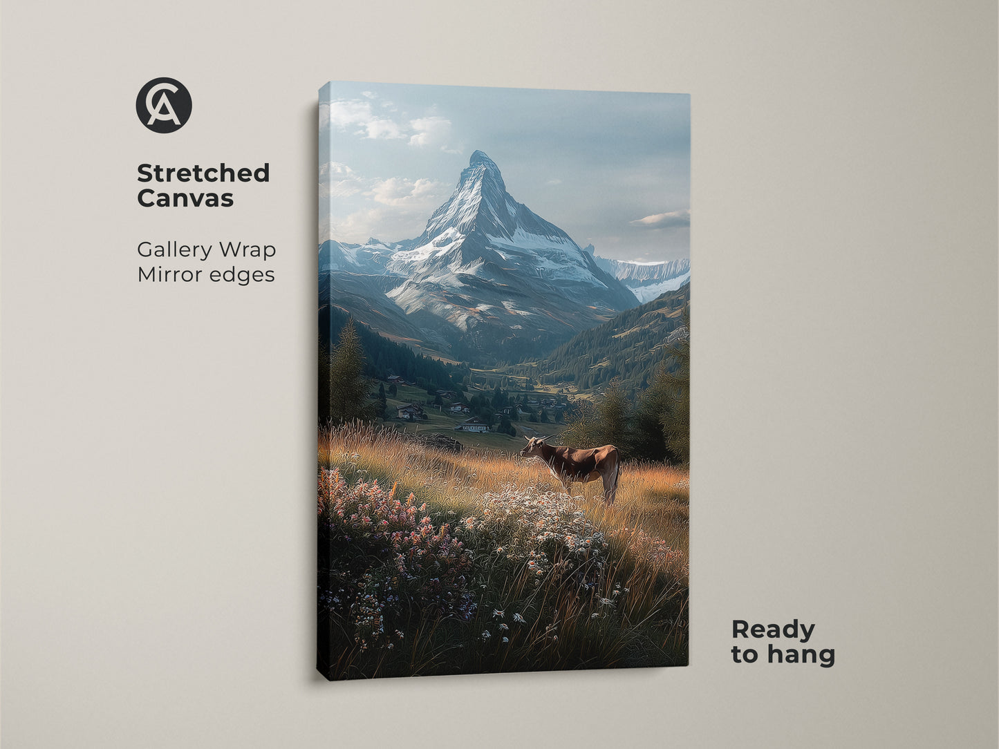 This stretched canvas art showcases the iconic Matterhorn. A beautiful vista of the Swiss Alps is captured in vivid detail. A charming cow stands amid wildflowers. The gallery wrap features mirrored edges. Ready to hang and enjoy this alpine scenery in your space.