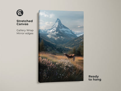 This stretched canvas art showcases the iconic Matterhorn. A beautiful vista of the Swiss Alps is captured in vivid detail. A charming cow stands amid wildflowers. The gallery wrap features mirrored edges. Ready to hang and enjoy this alpine scenery in your space.