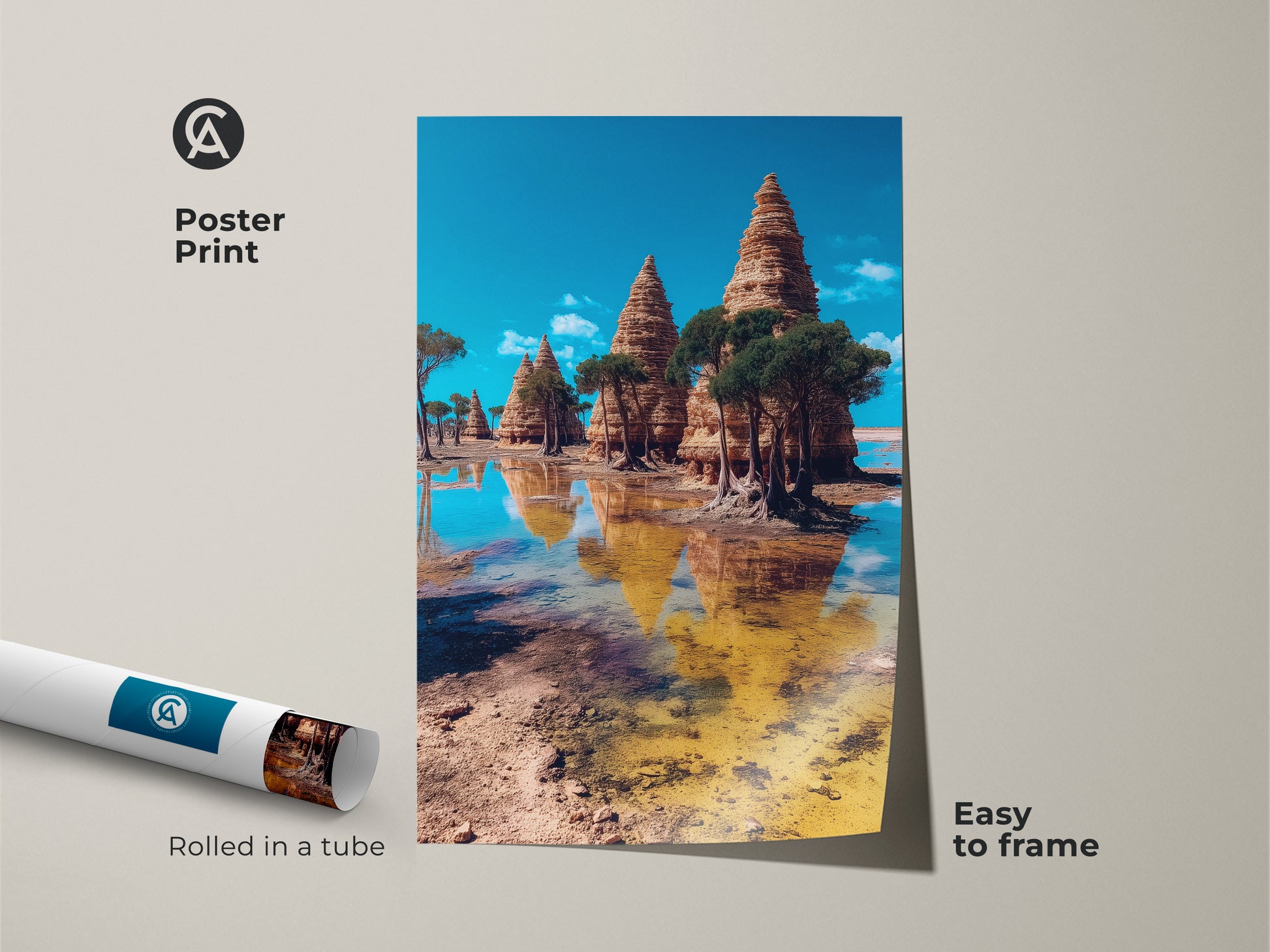 Poster print features a surreal temple landscape in blue brown and yellow. The eclectic wall art captures Art Nouveau travel themes. The artwork is easy to frame and ships rolled in a tube. A unique landscape painting with scenic temple art.