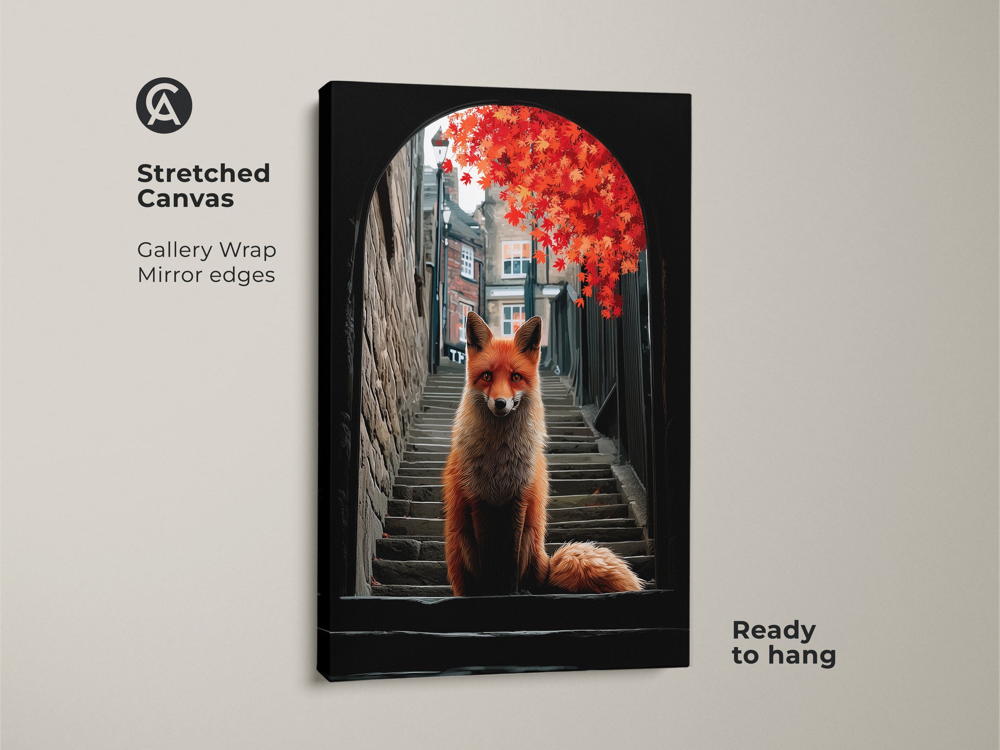 Elevate your walls with this striking urban nature canvas. The fox in alley art print features a vivid fox on urban steps. A backdrop of red autumn leaves makes it ideal for entry hall wall decor. This canvas is ready to hang and enjoy.
