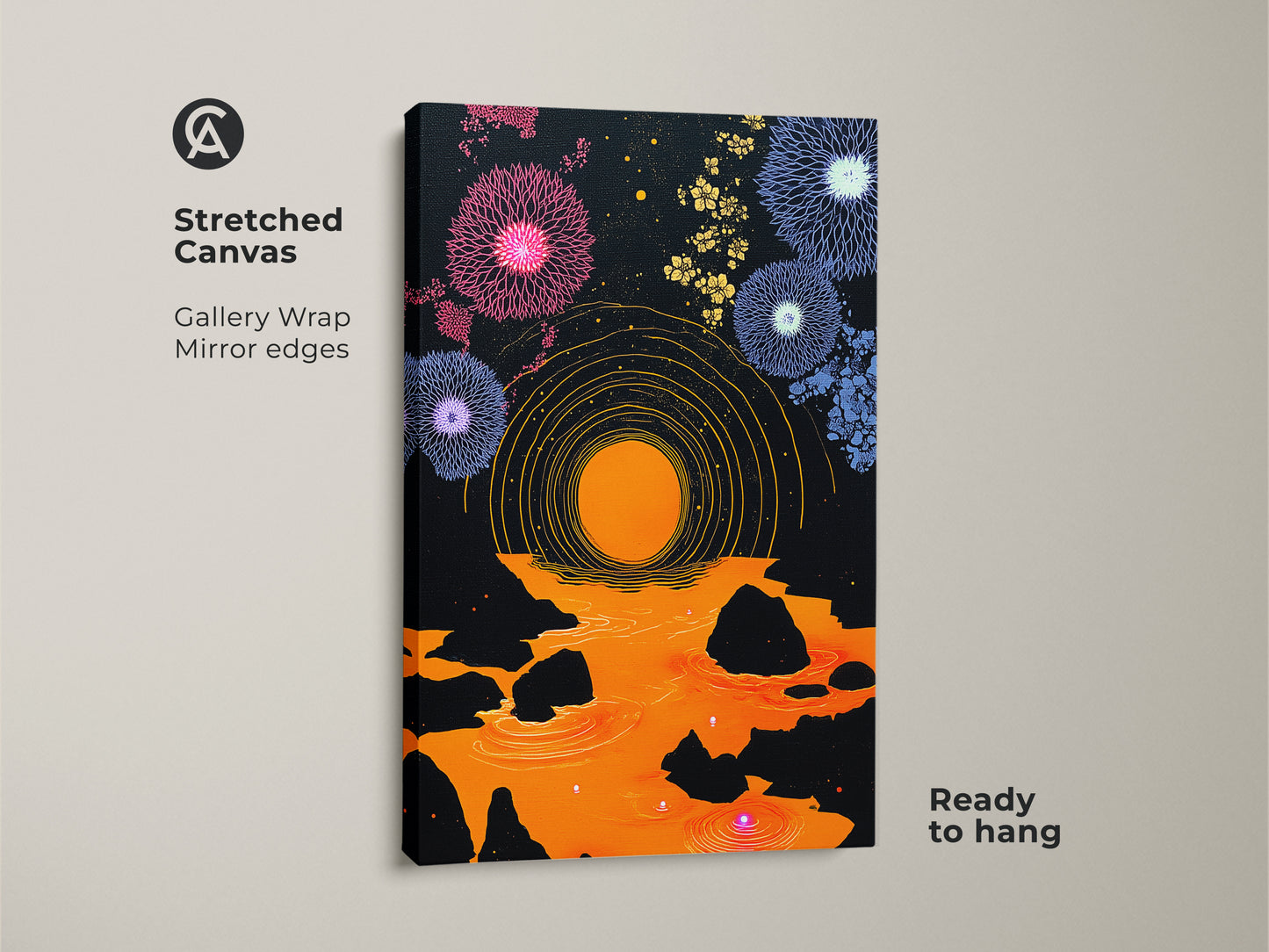 Stretched Canvas abstract geometric wall art with gallery wrap mirror edges ready to hang. The purple orange canvas print of a dandelion fireworks art makes for eclectic bedroom decor. Enjoy this modern folk art print. It's a perfect housewarming gift canvas.