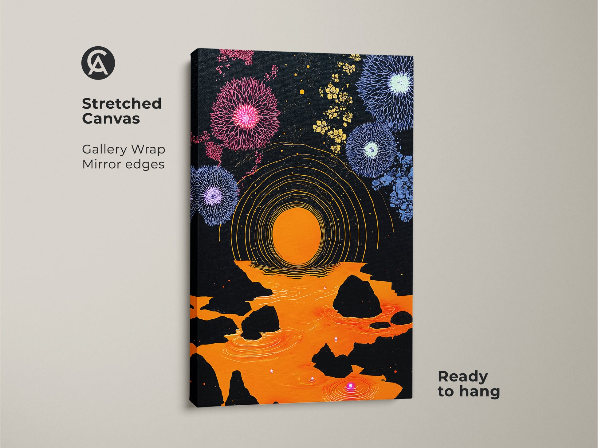 Stretched Canvas abstract geometric wall art with gallery wrap mirror edges ready to hang. The purple orange canvas print of a dandelion fireworks art makes for eclectic bedroom decor. Enjoy this modern folk art print. It's a perfect housewarming gift canvas.