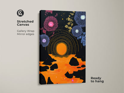 Stretched Canvas abstract geometric wall art with gallery wrap mirror edges ready to hang. The purple orange canvas print of a dandelion fireworks art makes for eclectic bedroom decor. Enjoy this modern folk art print. It's a perfect housewarming gift canvas.
