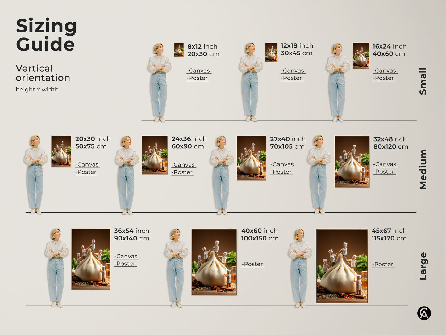 Sizing guide for vertical orientation art prints. Visualize the different sizes of the chefs and dumpling artwork. Available in small medium and large formats. Choose the ideal size for your kitchen or dining area. Options include canvas and poster prints.