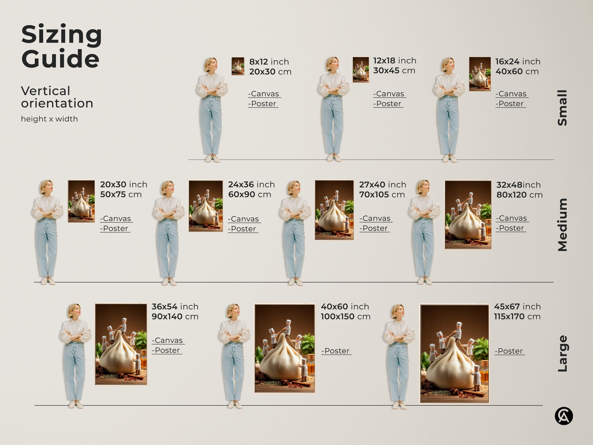 Sizing guide for vertical orientation art prints. Visualize the different sizes of the chefs and dumpling artwork. Available in small medium and large formats. Choose the ideal size for your kitchen or dining area. Options include canvas and poster prints.