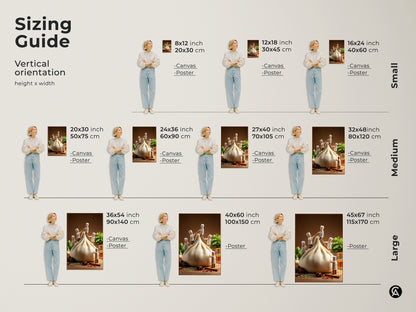 Sizing guide for vertical orientation art prints. Visualize the different sizes of the chefs and dumpling artwork. Available in small medium and large formats. Choose the ideal size for your kitchen or dining area. Options include canvas and poster prints.