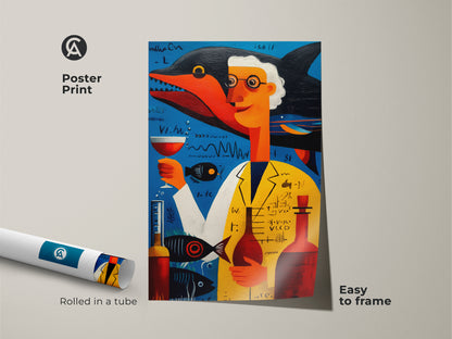 Poster print of a surreal scientist and shark artwork. A whimsical science themed office decor piece. This quirky study wall art is easy to frame. The blue yellow and orange abstract art adds a unique touch.