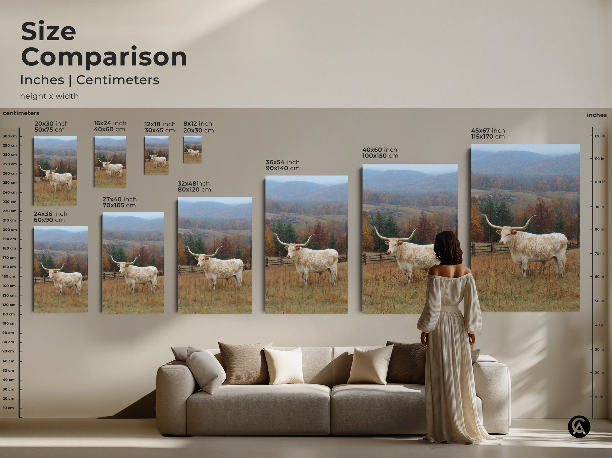 Size comparison of Longhorn artwork in inches and centimeters. See how different sizes look in a living room setting. Choose from various dimensions to suit your wall space. Perfect for adding a touch of rustic charm to your home.