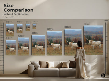 Size comparison of Longhorn artwork in inches and centimeters. See how different sizes look in a living room setting. Choose from various dimensions to suit your wall space. Perfect for adding a touch of rustic charm to your home.