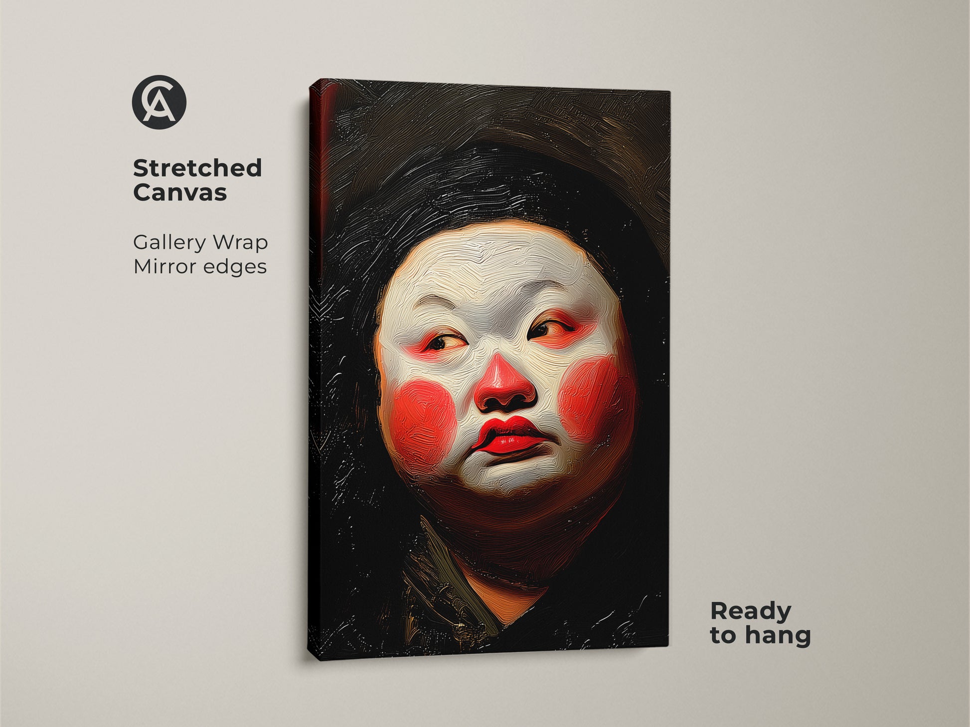 Stretched canvas print of a Geisha with Kabuki-inspired makeup. The artwork is gallery-wrapped with mirrored edges. Bold red white orange palette adds drama. Ready to hang for easy display. Elevate your eclectic or modern decor with this unique canvas art.