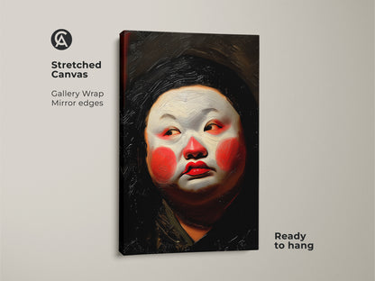 Stretched canvas print of a Geisha with Kabuki-inspired makeup. The artwork is gallery-wrapped with mirrored edges. Bold red white orange palette adds drama. Ready to hang for easy display. Elevate your eclectic or modern decor with this unique canvas art.