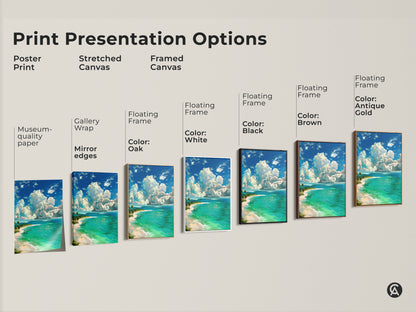 Explore presentation options for your beach artwork. Choose from poster prints stretched canvas and framed canvas. Options include gallery wrap floating frames and various colors to perfectly match your style.